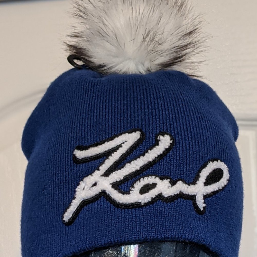 Karl Lagerfeld Faux Fur Pom Pom Raised Logo Beanie Nwt ❤️